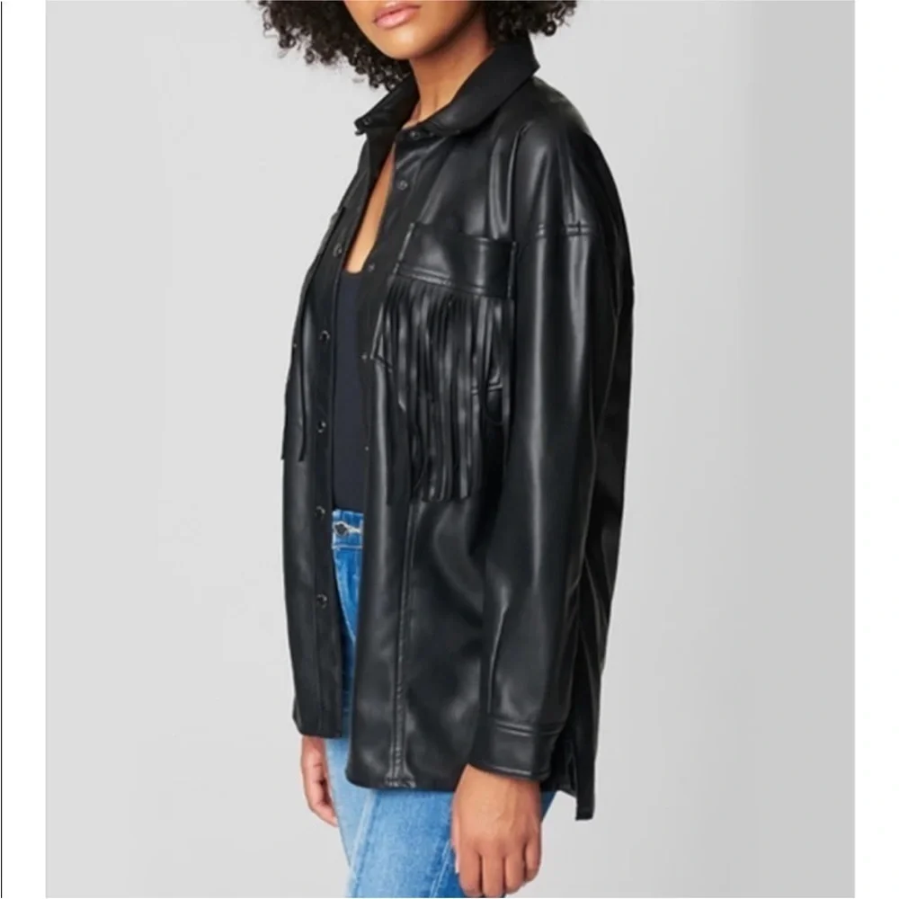 Blank NYC Women’s Lonestar Oversized Vegan Leather Fringe Shirt Jacket S Black - Picture 2 of 11